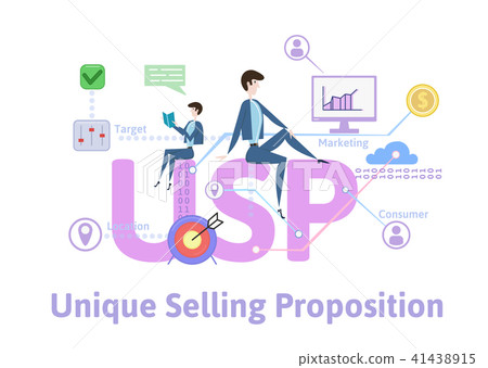 USP, unique selling proposition. Concept table with keywords, letters and icons. Colored flat vector USP, unique selling proposition. Concept table with keywords, letters and icons. Colored flat vector 41438915