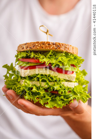 Big vegan sandwich with tofu and fresh vegetables 41440118