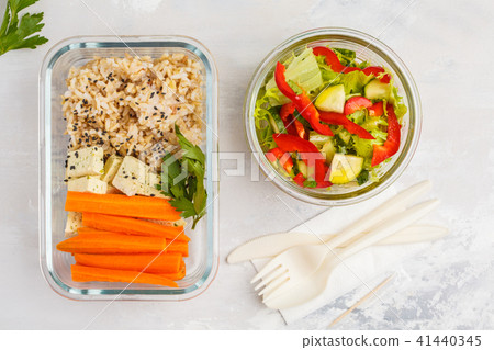 Healthy meal prep containers with brown rice, tofu Healthy meal prep containers with brown rice, tofu 41440345