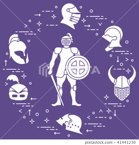Knight with shield, sword, and different helmets 41441230