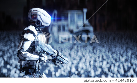 military robot and skulls of people. Dramatic apocalypse super realistic concept. Rise of the 41442010