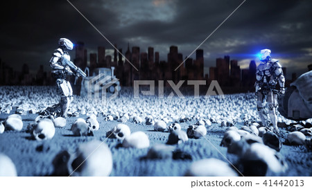 military robot and skulls of people. Dramatic apocalypse super realistic concept. Rise of the 41442013