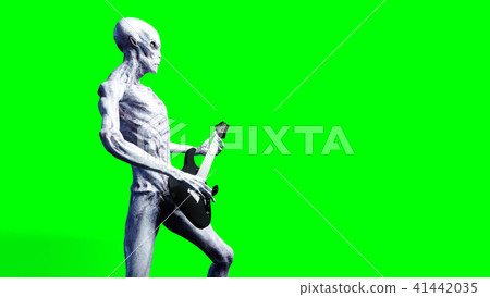 Funny alien plays on electric guitar. Realistic motion and skin shaders. 3d rendering. Funny alien plays on electric guitar. Realistic motion and skin shaders. 3d rendering. 41442035