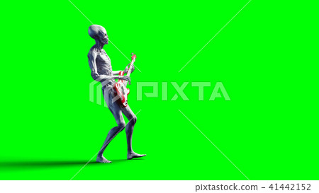Funny alien plays on bass guitar. Realistic motion and skin shaders. 3d rendering. Funny alien plays on bass guitar. Realistic motion and skin shaders. 3d rendering. 41442152