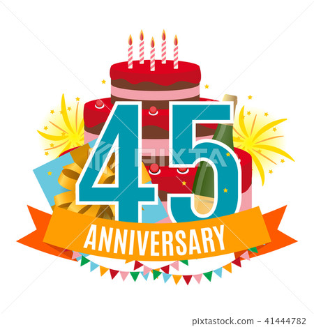 Template 45 Years Anniversary Congratulations, Greeting Card with Cake, Gift Box, Fireworks and 41444782