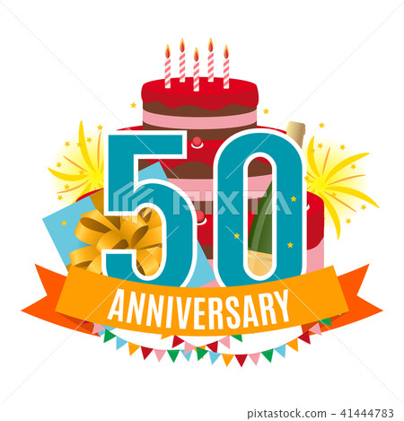 Template 50 Years Anniversary Congratulations, Greeting Card with Cake, Gift Box, Fireworks and 41444783