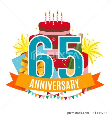 Template 65 Years Anniversary Congratulations, Greeting Card with Cake, Gift Box, Fireworks and 41444785