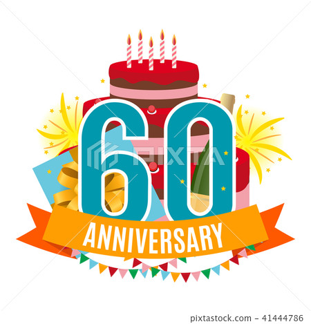 Template 60 Years Anniversary Congratulations, Greeting Card with Cake, Gift Box, Fireworks and 41444786