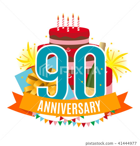 Template 90 Years Anniversary Congratulations, Greeting Card with Cake, Gift Box, Fireworks and 41444977