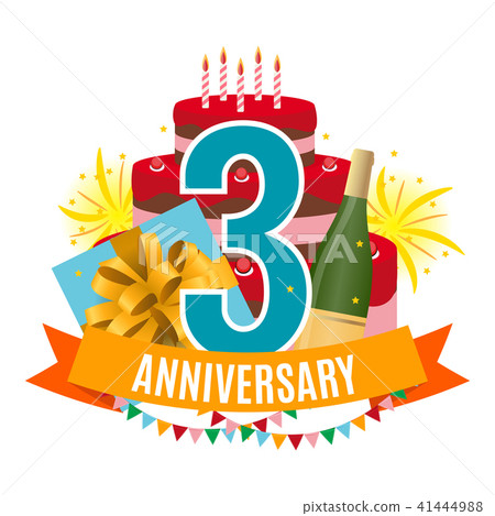 Template 3 Years Anniversary Congratulations, Greeting Card with Cake, Gift Box, Fireworks and 41444988