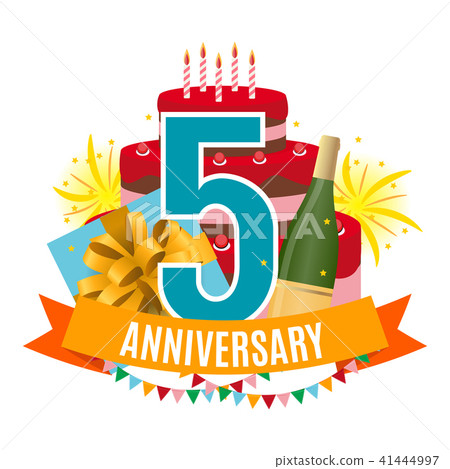 Template 5 Years Anniversary Congratulations, Greeting Card with Cake, Gift Box, Fireworks and Template 5 Years Anniversary Congratulations, Greeting Card with Cake, Gift Box, Fireworks and 41444997