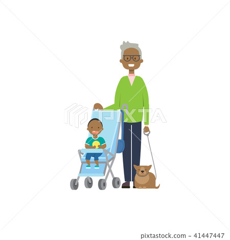 african grandfather with cat and baby grandchildren in stroller, multi generation family, full 41447447