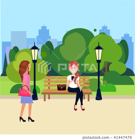 public urban park woman sitting wooden bench outdoors walking street lamp green lawn trees on city public urban park woman sitting wooden bench outdoors walking street lamp green lawn trees on city 41447479