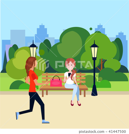 public urban park woman outdoors running sitting wooden bench street lamp green lawn trees on city public urban park woman outdoors running sitting wooden bench street lamp green lawn trees on city 41447500