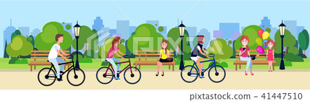 public park people relax sitting wooden bench outdoors walking cycling running green lawn trees on public park people relax sitting wooden bench outdoors walking cycling running green lawn trees on 41447510