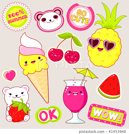 Set of cute summer stickers in kawaii style 41453948