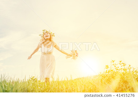 Young beautiful woman holding bouquet pink flower Young beautiful woman holding bouquet pink flower 41455276