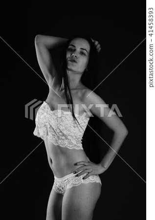 Young beautiful woman in a fashionable linen luxury brunette in the Studio. 41458393