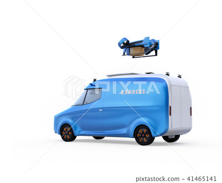 從電動送貨車送出送貨上門無人機的圖像。白色背景。 從電動送貨車送出送貨上門無人機的圖像。白色背景。 41465141
