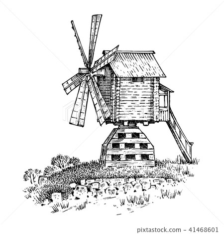 Windmill landscape in vintage, retro hand drawn or engraved style, can be use for ecological bakery 41468601
