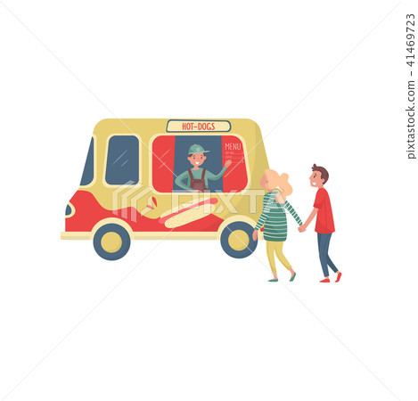 Young couple near hot-dog truck. Cheerful seller waving by hand. Van with traditional street fast 41469723