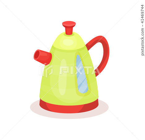 Bright green kettle with red spout and handle. Kitchen utensil. Flat vector element for promo poster Bright green kettle with red spout and handle. Kitchen utensil. Flat vector element for promo poster 41469744