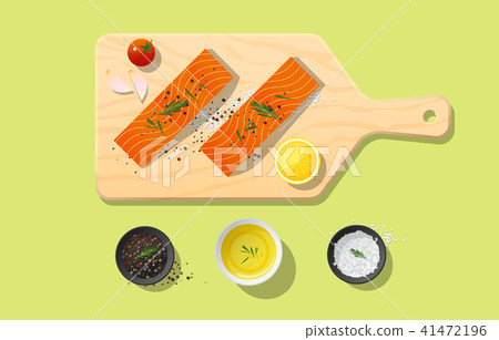Fresh raw salmon fish and spices on cutting board Fresh raw salmon fish and spices on cutting board 41472196