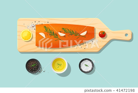 Fresh raw salmon fish and spices on cutting board Fresh raw salmon fish and spices on cutting board 41472198