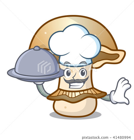 Chef with food portobello mushroom mascot cartoon Chef with food portobello mushroom mascot cartoon 41480994
