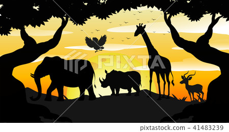 Silhouette Safari Scene at Dawn - Stock Illustration [41483239] - PIXTA