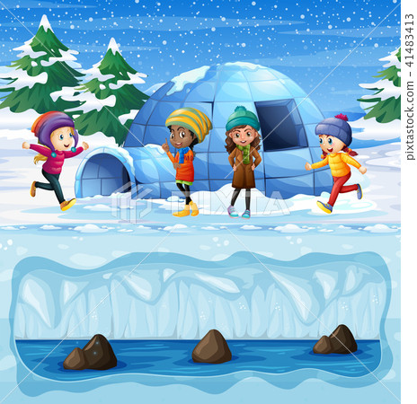 Young Girls Playing in front of Igloo Young Girls Playing in front of Igloo 41483413