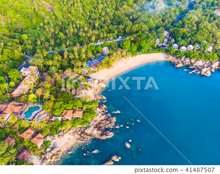 Aerial view of beautiful tropical beach and sea with palm and other tree in koh samui island 41487507