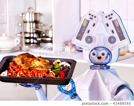 Robot domestic assistance cook at kitchen. Robot domestic assistance cook at kitchen. 41489593