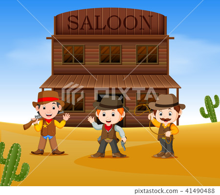 three cowboys holding gun and standing outside three cowboys holding gun and standing outside 41490488
