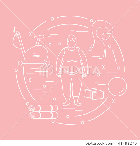 Fat woman and different sports equipment 41492279