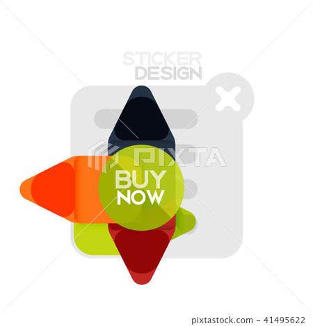 Flat design triangle arrow shape geometric sticker icon, paper style design with buy now sample text Flat design triangle arrow shape geometric sticker icon, paper style design with buy now sample text 41495622