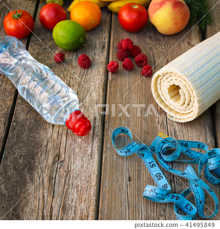 Fruits, vegetables, water, measurement tape   41495849