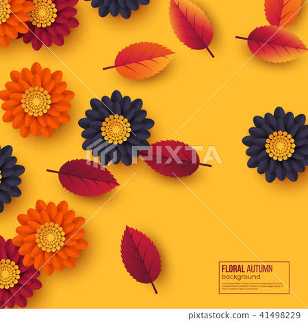 Floral autumn background with 3d paper cut style flowers and leaves. Yellow, orange, purple colors Floral autumn background with 3d paper cut style flowers and leaves. Yellow, orange, purple colors 41498229
