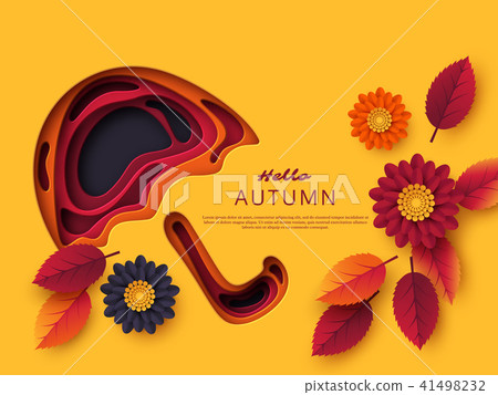 Autumn 3d paper cut umbrella with leaves and flowers. Abstract background with shapes in yellow Autumn 3d paper cut umbrella with leaves and flowers. Abstract background with shapes in yellow 41498232