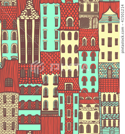 Colored City Pattern with Cute Houses in Hand-Drawn Style Colored City Pattern with Cute Houses in Hand-Drawn Style 41501214