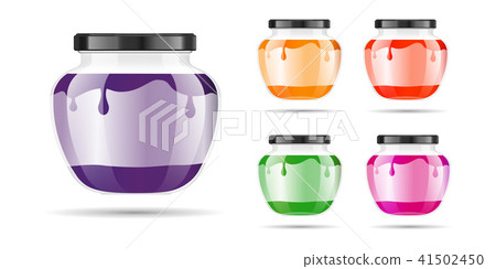Realistic transparent glass jar with jam, confiture or sauce. Preserving packaging set. Label and 41502450