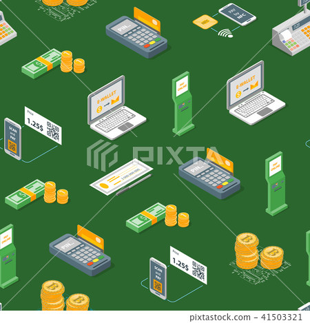 Payment Methods Seamless Pattern Background Isometric View. Vector Payment Methods Seamless Pattern Background Isometric View. Vector 41503321