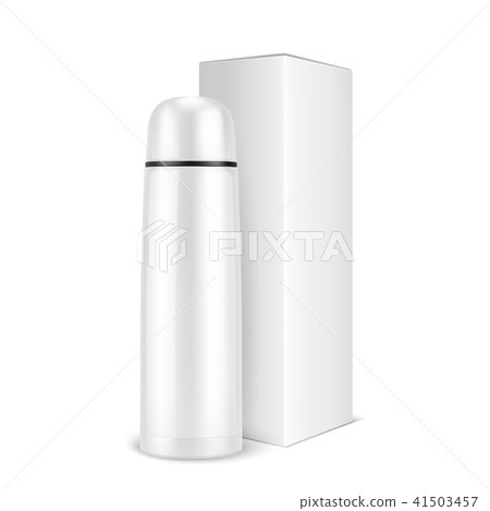 Vector realistic 3d wgite empty glossy metal vacuum thermo tumbler flask and box closeup isolated on 41503457