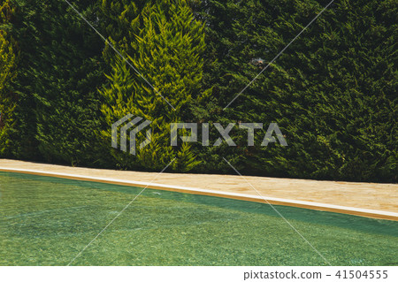 blue water in the pool on the background of a wooden floor with green tree 41504555