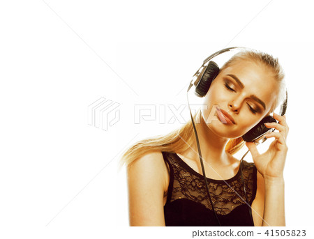 young sweet talented teenage girl in headphones singing isolated 41505823