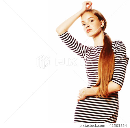 young pretty woman in elegant strip dress isolated on white 41505834