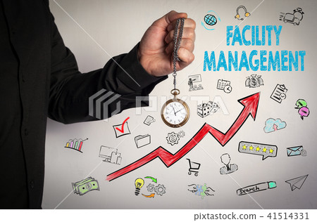 Facility Management concept. Red Arrow and Icons Around. Man holding chain clock on white background Facility Management concept. Red Arrow and Icons Around. Man holding chain clock on white background 41514331
