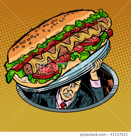 hot dog with sausage and salad. man under fast food hot dog with sausage and salad. man under fast food 41517021