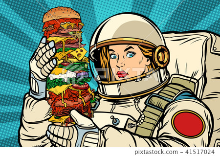 Hungry woman astronaut with giant Burger 41517024