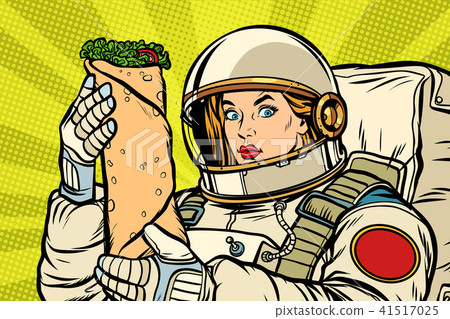 Hungry woman astronaut with Shawarma kebab 41517025